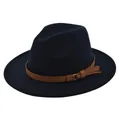 Detail of navy blue felt fedora showing brown suede band and gold metal ring accent - M(56-58cm) / Navy Blue
