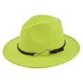 Detail of neon green fedora hat featuring black leather belt and gold metal teardrop buckle - M (56-58cm) / Light Green