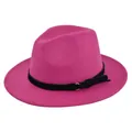 Detail view of the rose red fedora hat featuring a black suede band and golden buckle - M(56-58cm) / Rose Red