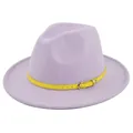 Detail of lavender wool fedora hat featuring a bright yellow faux leather belt band decoration - M (56-58cm) / Light Purple