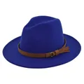 Detail of royal blue wool fedora hat featuring brown suede belt with metal buckle - M(56-58cm) / Blue