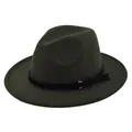 Detailed view of the dark olive fedora hat featuring a black leather belt and metal ring - M(56-58cm) / Army Green