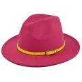 Detail of pink wool fedora hat featuring a bright yellow belt with a silver buckle - M (56-58cm) / Rose Red