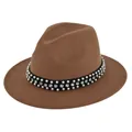 Detail of a brown wool fedora hat featuring a black band with pearls and rhinestones - M (56-58cm) / Dark Khaki
