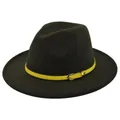 Detail of wide brim wool fedora hat with a contrasting yellow leather belt buckle - M (56-58cm) / Army Green