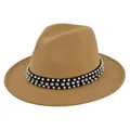 Detailed view of camel wool fedora hat featuring double-row pearl and rhinestone band - M (56-58cm) / Khaki