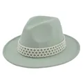 Detail of mint green fedora wool hat featuring a multi-layered white pearl decorative band - M (56-58cm) / Emerald Green