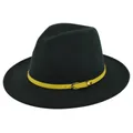 Detail of dark green wool fedora hat featuring a bright yellow leather belt with silver buckle - M (56-58cm) / Deep Grass Green