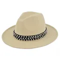 Detail of beige fedora hat with elegant velvet band featuring pearls and rhinestones - M (56-58cm) / Beige