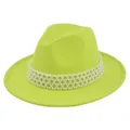 Detail of neon green wool fedora with four-layer white pearl mesh decorative headband - M (56-58cm) / Light Green