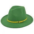 Detail of green fedora hat featuring a bright yellow leather belt with silver buckle clasp - M (56-58cm) / Grass Green