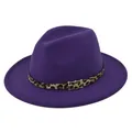 Detalle de fedora de lana morado oscuro con banda de leopardo y hebilla de metal plata - M (56-58cm) / Púrpura