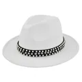 Detail of white wool fedora hat featuring black band with pearls and rhinestones - M (56-58cm) / White