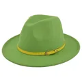 Detail of bright green felt fedora featuring a vibrant yellow belt with a gold buckle - M (56-58cm) / Light Grass Green