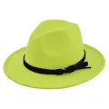 Detail of neon green wide brim fedora hat with black belt and golden buckle - M(56-58cm) / Lime Green