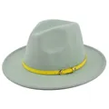 Detail of mint green wool fedora hat featuring a bright yellow leather belt with metal buckle - M (56-58cm) / Emerald Green
