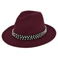 Close-up of burgundy fedora hat with elegant pearl and rhinestone embellished band - M (56-58cm) / Burgundy