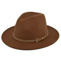 Detail van bruine wollen fedora hoed met lichtbruine leren riem en gouden gesp - M(56-58cm) / Donker kaki