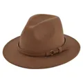 Detail van donkerbruine fedora hoed met suède riem en gouden metalen gesp op de rand - M(56-58cm) / Donker kaki