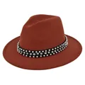 Detailed close-up of wool fedora with white pearls and sparkling rhinestone band - M (56-58cm) / Rust red