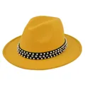 Close-up of mustard yellow fedora hat featuring black band with pearls and rhinestones - M (56-58cm) / Yellow