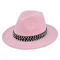 Detailed shot of pink wool fedora hat with elegant pearl and rhinestone hatband trim - M (56-58cm) / Pink