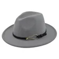 Classic grey wool fedora hat with black leather belt and gold metal buckle detail - M (56-58cm) / Light Gray