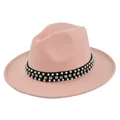 Detail of pink wool fedora with a black band featuring pearls and rhinestones - M (56-58cm) / Dusty Pink