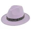 Detail of lavender fedora hat featuring black band with rows of white pearls and rhinestones - M (56-58cm) / Light Purple