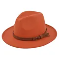 Detail van oranje wollen fedora hoed met bruine lederen riem en gouden metalen gesp - M(56-58cm) / Oranjerood