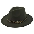Detalle de sombrero fedora verde oscuro con banda de leopardo y hebilla dorada - M (56-58cm) / Verde Militar