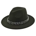Detail of dark green wool fedora featuring pearl and rhinestone studded velvet band - M (56-58cm) / Army Green