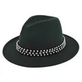 Detail of dark green fedora hat featuring black band with rows of pearls and rhinestones - M (56-58cm) / Dark Grass Green