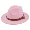 Detail van roze wollen vilt fedora hoed met bruine leren band en gouden metalen ring - M(56-58cm) / Roze