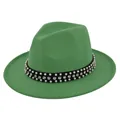 Detail of green wool fedora hat featuring black ribbon with pearls and rhinestones - M (56-58cm) / Grass Green