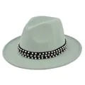 Close-up of light green wool fedora hat featuring pearl and rhinestone studded band detail - M (56-58cm) / Emerald Green