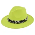 Detail of neon green wool fedora hat featuring black band with pearls and rhinestones - M (56-58cm) / Light Green