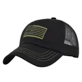 Detail of olive green American flag embroidery on black mesh trucker baseball hat - Adjustable 54-59 / Black