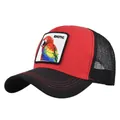 Cappellino trucker rosso e nero con toppa ricamata pappagallo ara e retro in rete - Regolabile 54-59 / Rosso