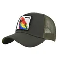 Macro shot of olive green trucker hat showing the breathable mesh back and parrot patch - Adjustable 54-59 / Army Green