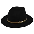 Klassischer schwarzer Wollfilzhut mit beigem Lederband und goldener Schnalle für Damen - M(56-58cm) / Schwarz