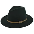 Donkergroene vilten fedora hoed voor dames en heren met bruine kunstleren band en gesp - M(56-58cm) / Diep grasgroen