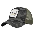 Close-up of camouflage trucker hat featuring detailed buck deer embroidery and mesh - Adjustable / Camouflage