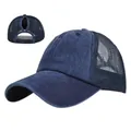 Berretto da baseball blu scuro con rete per coda di cavallo e cotone lavato regolabile - Regolabile 54-59 / Blu navy