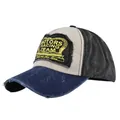 Detail of distressed brim with worn edges on a retro motors racing trucker hat - Adjustable / Navy Blue & Black