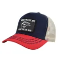 Navy-rote Mesh Trucker Cap mit Women Want Me Fish Fear Me Patch und Wellennähten - Verstellbar (54-59) / Navy Rot und Beige