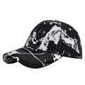 Detail of graffiti print on black baseball cap with cursive script side lettering - Adjustable 54-59cm / Black White Splatter (1)