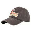 Dettaglio del cappellino vintage grigio antracite con toppa ricamata e silhouette del tramonto - Regolabile / caffè