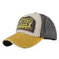 Detailed close-up of distressed brim and Motors Racing Team patch on trucker cap - Adjustable / Yellow And Coffee