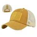 Detail of yellow mesh ponytail baseball cap with American flag embroidery and distressed brim - Adjustable 54-59 / Yellow
